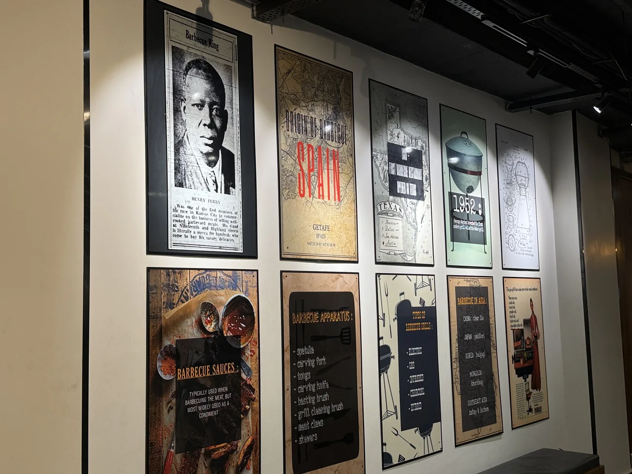 Barbecue history poster wall at Food on Fire BBQ, Hanamkonda, Warangal